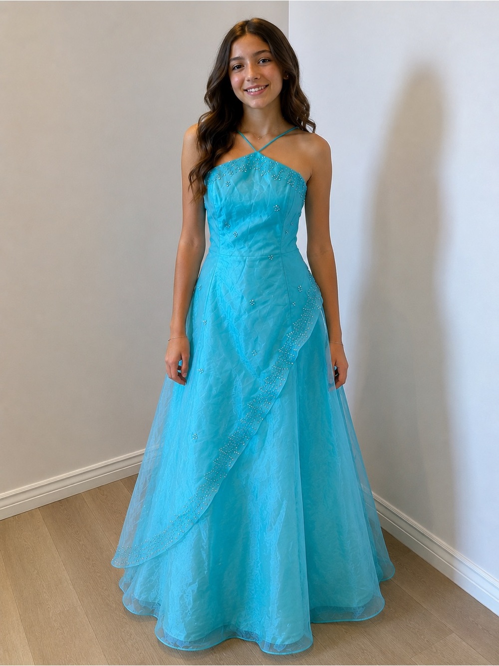 Y2K Mori Lee Turquoise Crisscross Halter Prom Gown/Quince